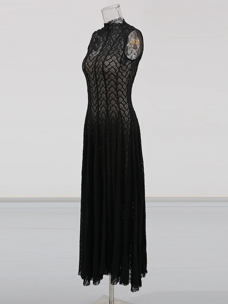 Sólido emendado apliques vestidos soltos para mulheres o pescoço sem mangas cintura alta temperamento vestido feminino moda nova