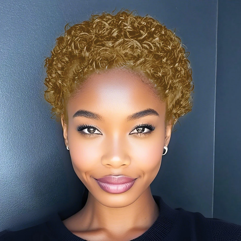 باروكات شقراء مجعدة للنساء، باروكات أفريقية مجعدة قصيرة مع غرة، باروكة من شعر طبيعي مصنوعة آليًا بالكامل #5