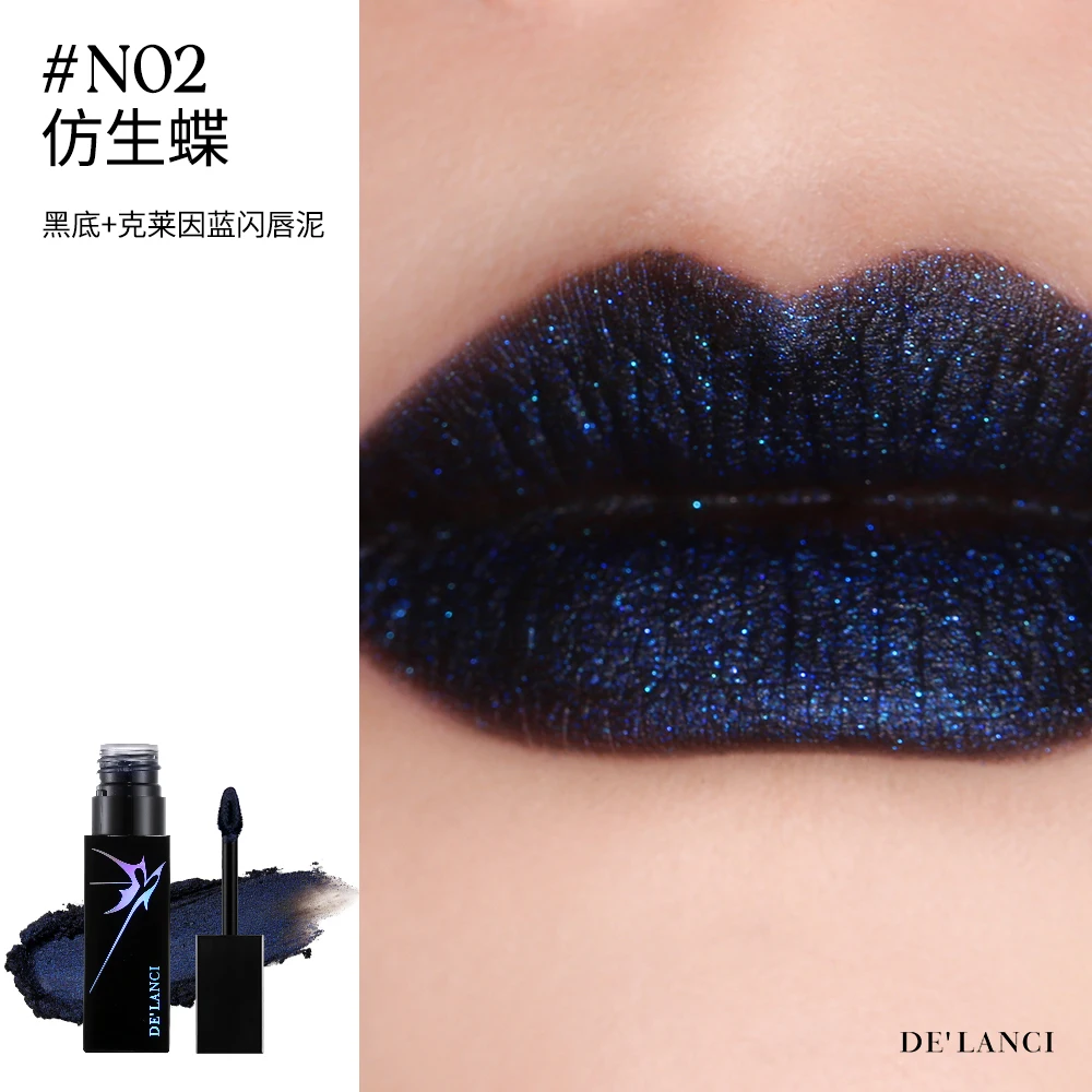 

DE'LANCI Губная помада Shimmer Metallic Темно-синяя готическая панк-дымчатая губная грязь Красный зеркальный блеск для губ Высокие цвета Тонкая вспышка Макияж губ