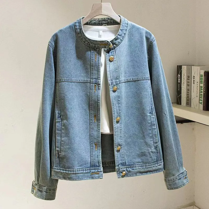 

Retro Lady Stand-up Collar Jeans Top Outwear Femme Leisure Short Denim Coats Spring Autumn Women Long Sleeves Cowboy Jackets