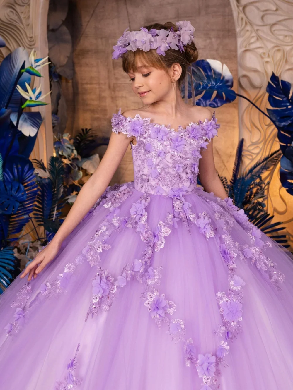 Girls Purple Beaded 3D Floral Princess Gown Wedding Guest Clothes 2-14Y Glamorous Off Shoulder Kids Dresses Birthday Party Wear