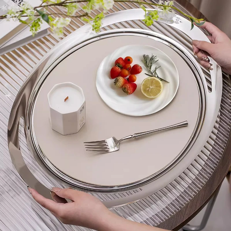 

Stainless Steel Mirror Storage Tray Luxury Serving Platter with Leather Mat Elegant Breakfast Display Modern Afternoon Tea Decor