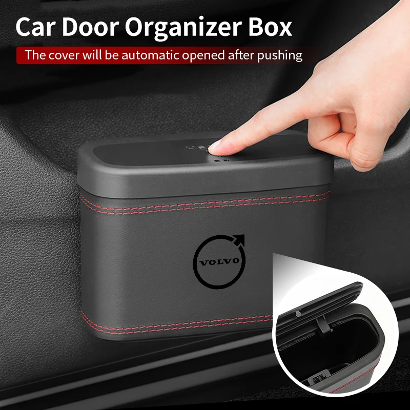 

Car Push-Button Style Square Leather Multi Functional Organizer Box Trash Can For Volvo AWD C30 C70 S60 S80 T6 XC60 XC70 XC90