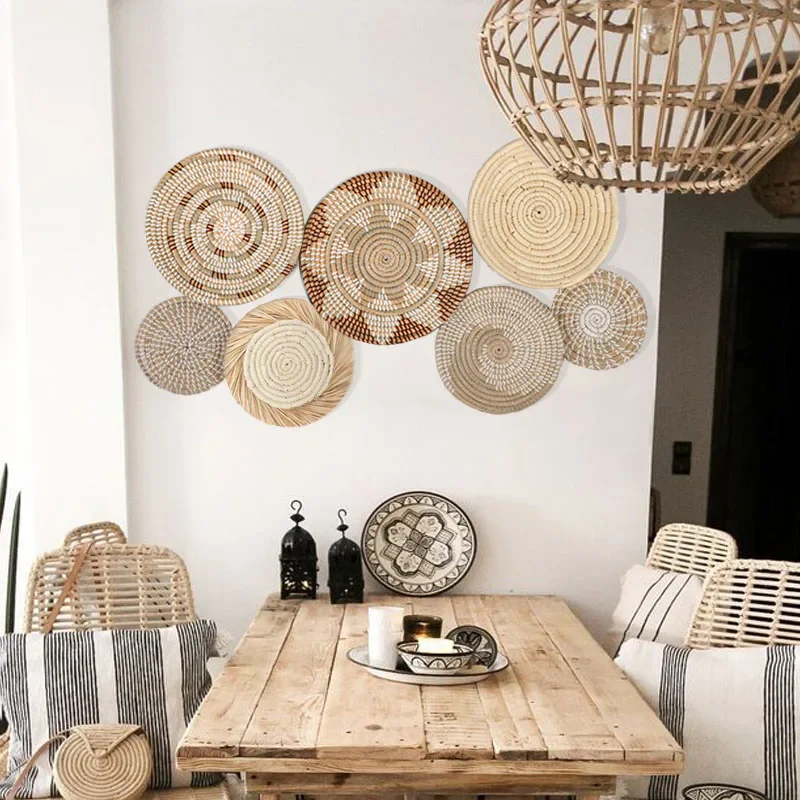 Wall Decor Set of 7 Boho Home Decorations Rattan Wall Decoration Wicker Basket Hanging Wall Baskets Decorative Plates for Wall