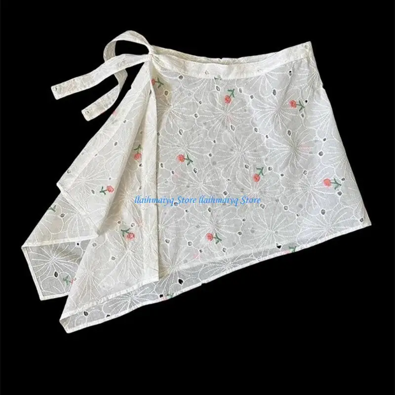 573B Women Layering Half Skirt Hip Scarf Elegant Embroidery Flower Hip Covering Underskirt Tie Waist A Line Mini Apron Skirt