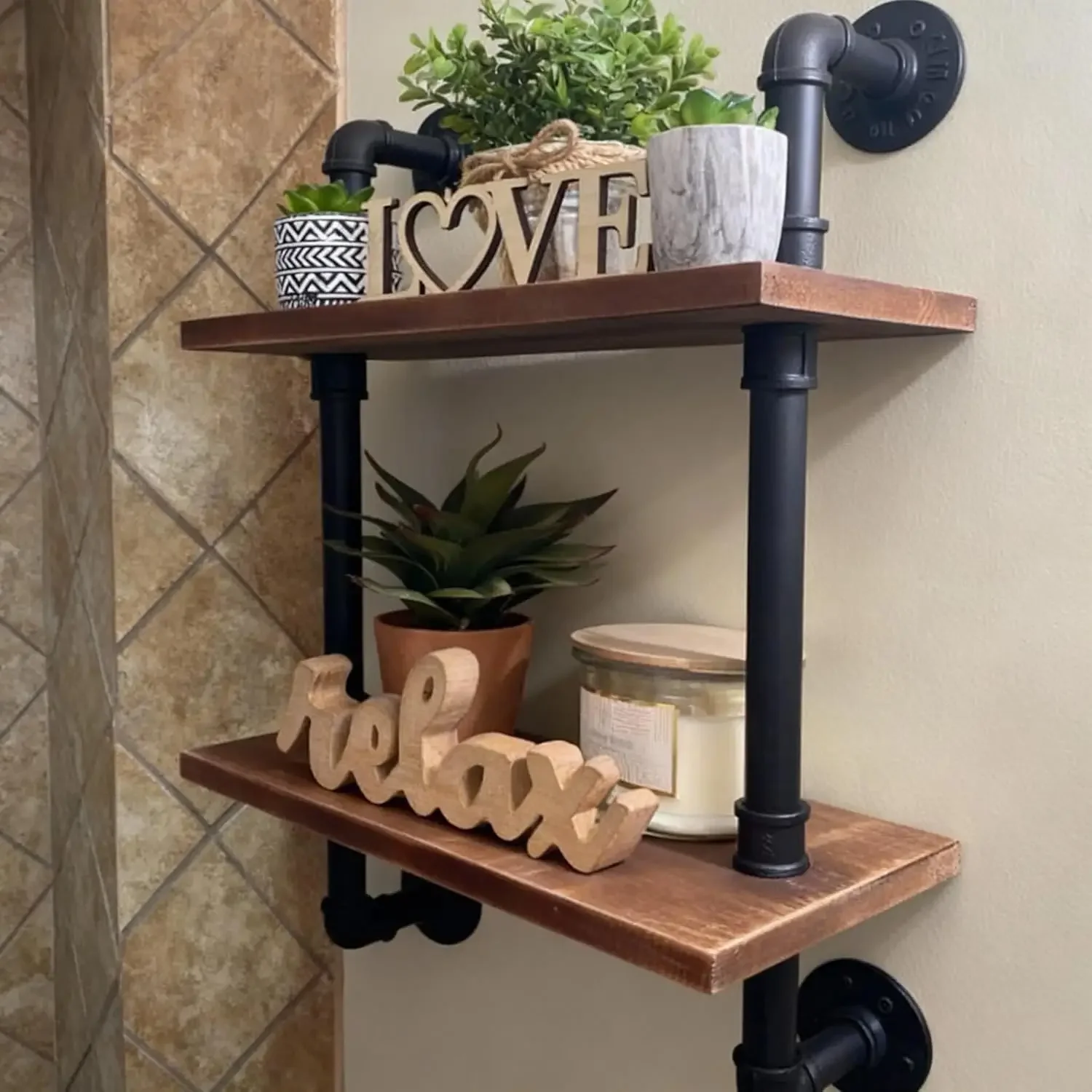 Estante de baño rústico, estante de pared de madera de 2 niveles para almacenamiento de granja, decoración para sala de estar, organizador montado de 15 pulgadas