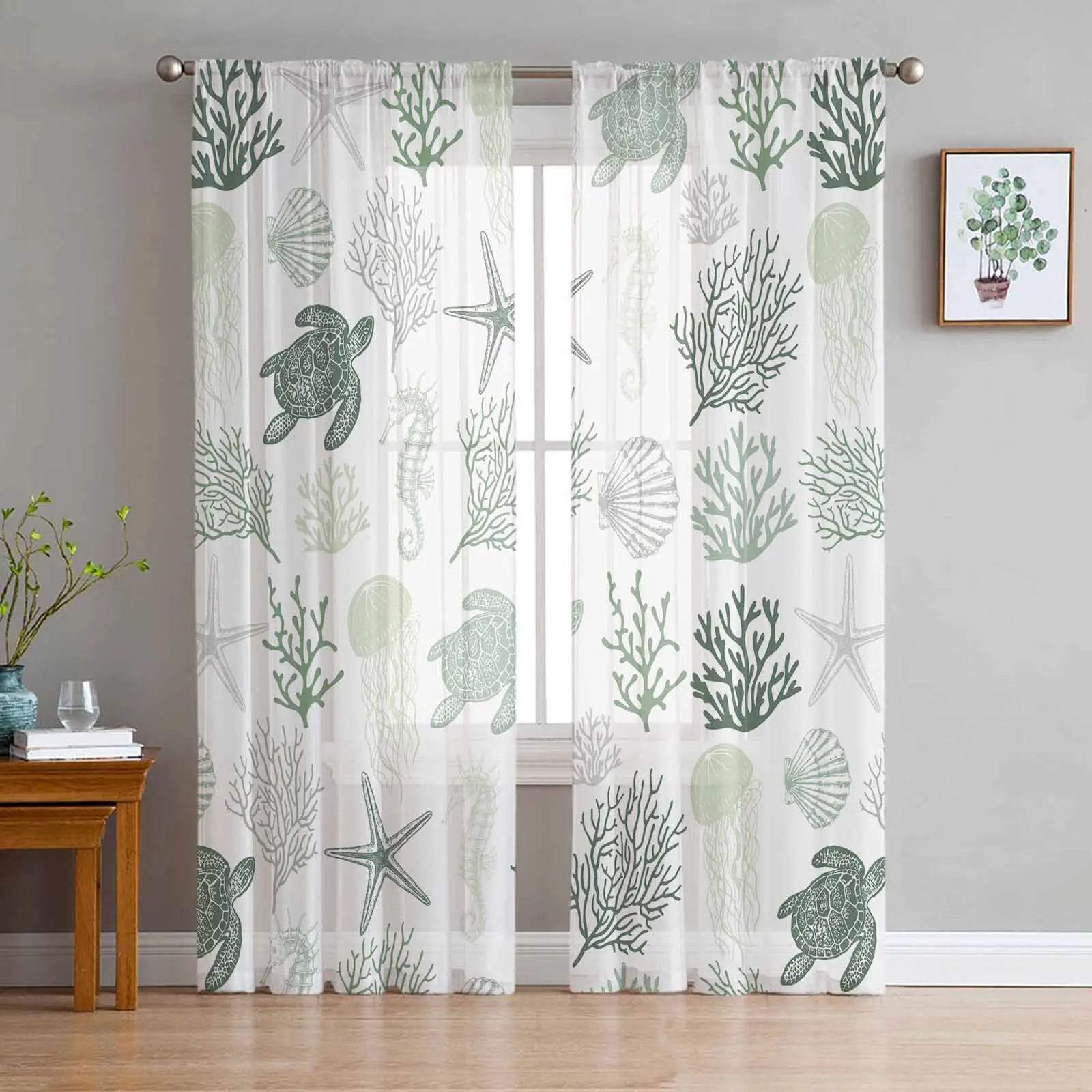 Marine Coral In Summer Triangle Tulle Sheer Window Curtains For Living Room Kitchen Children Bedroom Voile Hanging Curtain