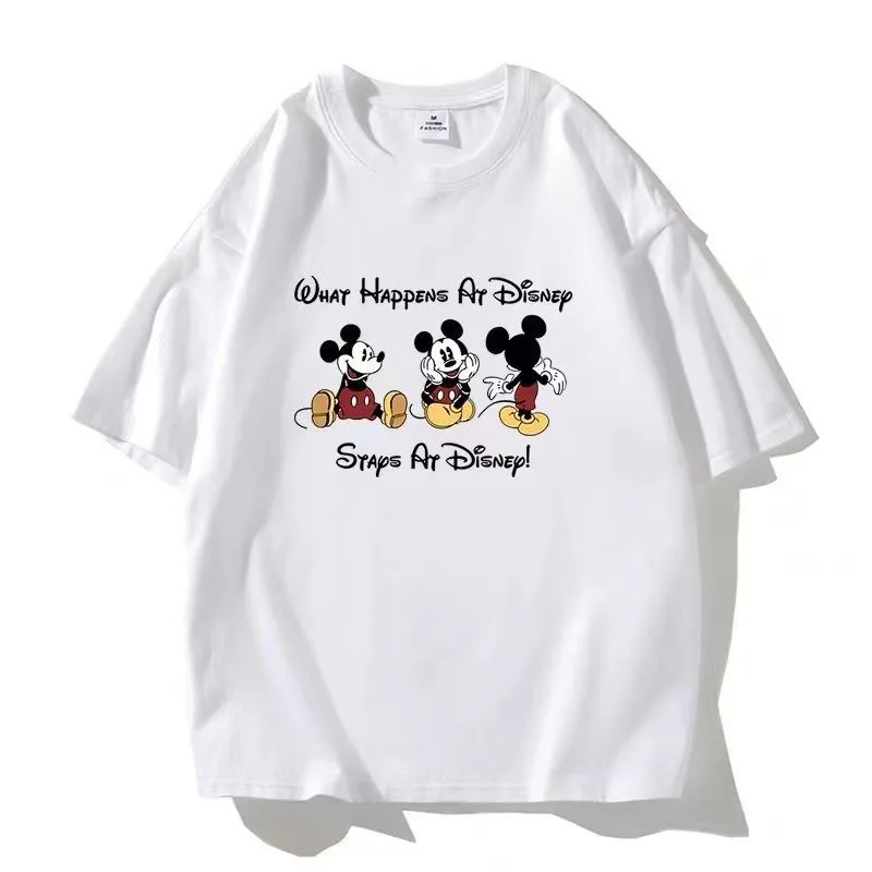 تي شيرت ديزني كارتوني لطيف محيطي مطبوع عليه ميكي بأكمام قصيرة للنساء والرجال للأزواج صيفي فضفاض متعدد الاستخدامات