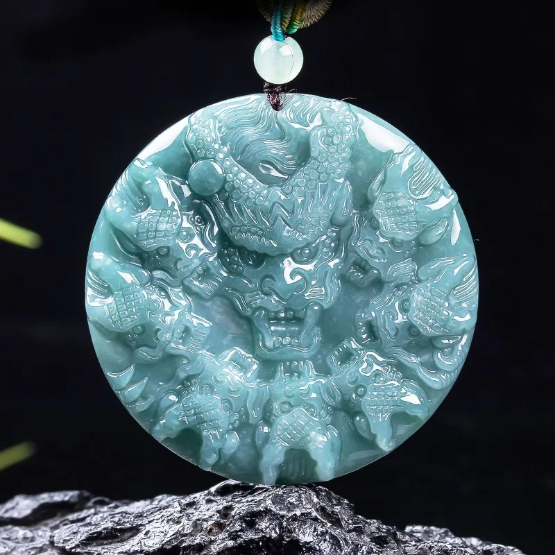 Natural A-grade Jadeite Jiulong Nafu Protector Exquisite Jade Pendant Carving Jade Old High Ice Pendant Stable Magnetic Field