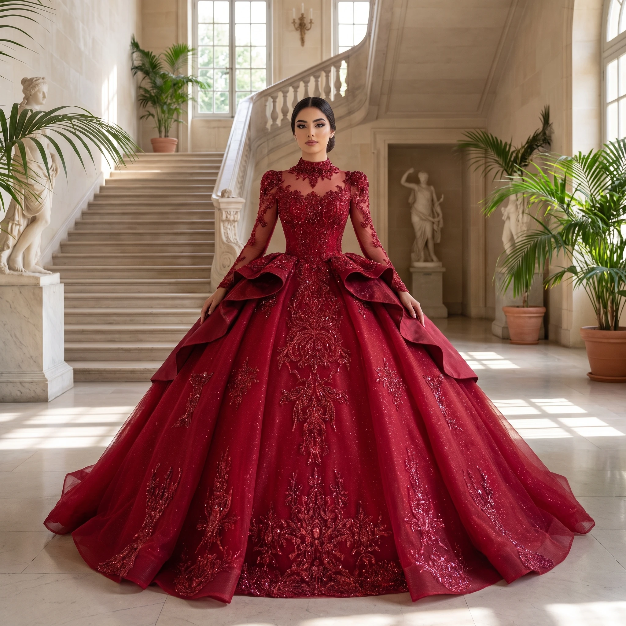 Luxury Handmade Neck Red Wedding Dress With Train Lace Flower Bridal Dress Elegant Ball Gown Robe De Mariee Customized XS127