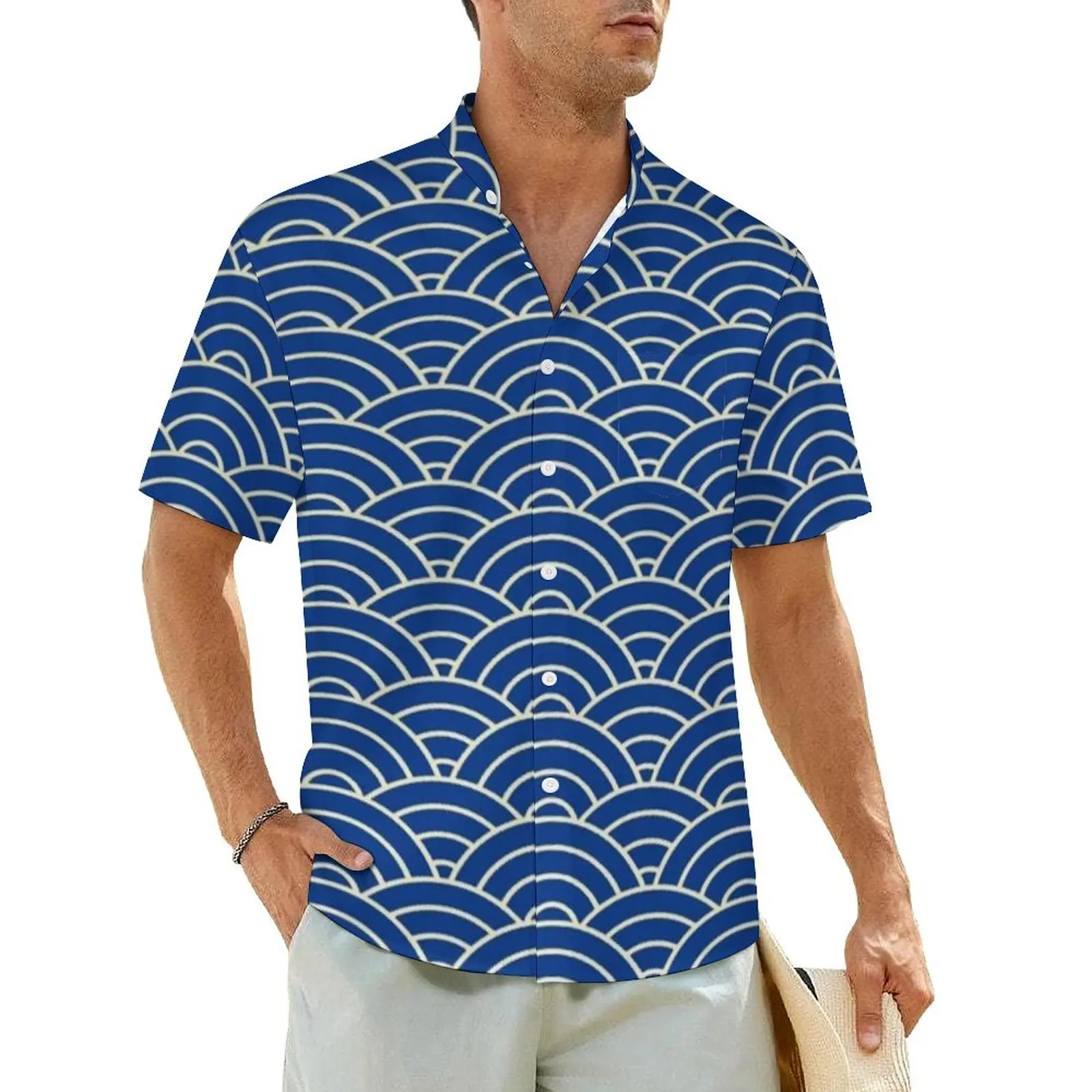 

Blue Seigaiha Print Summer Shirt For Male Beach Japanese Waves Casual Shirts Short Sleeve Breathable Cool Plus Size Blouses