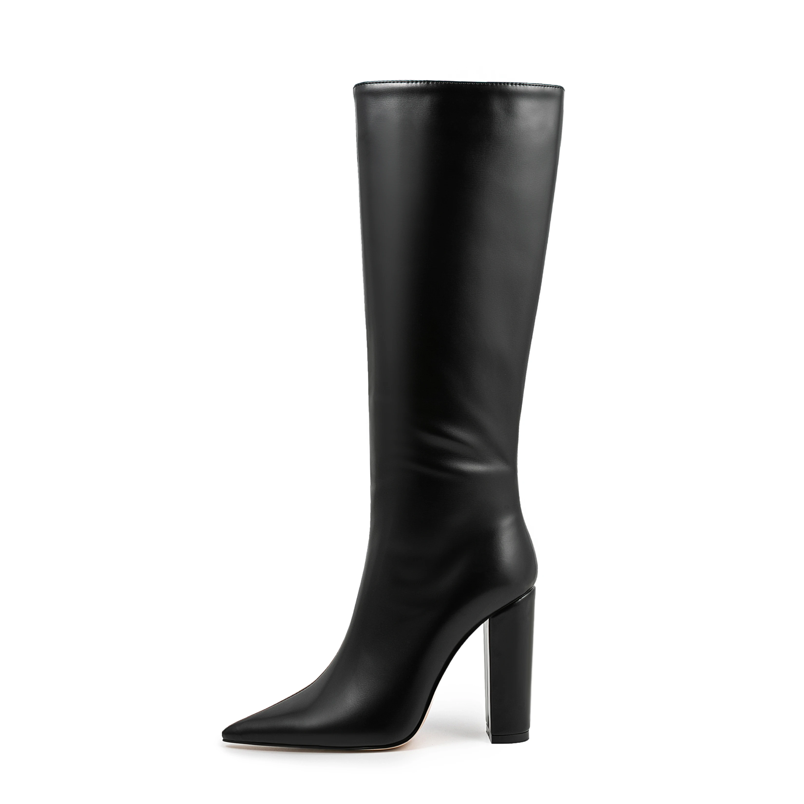 Arden Furtado 2025 Black PU Knee high boots Pointed toe Side zipper Super high heel Modern boots Simple style Extra large size