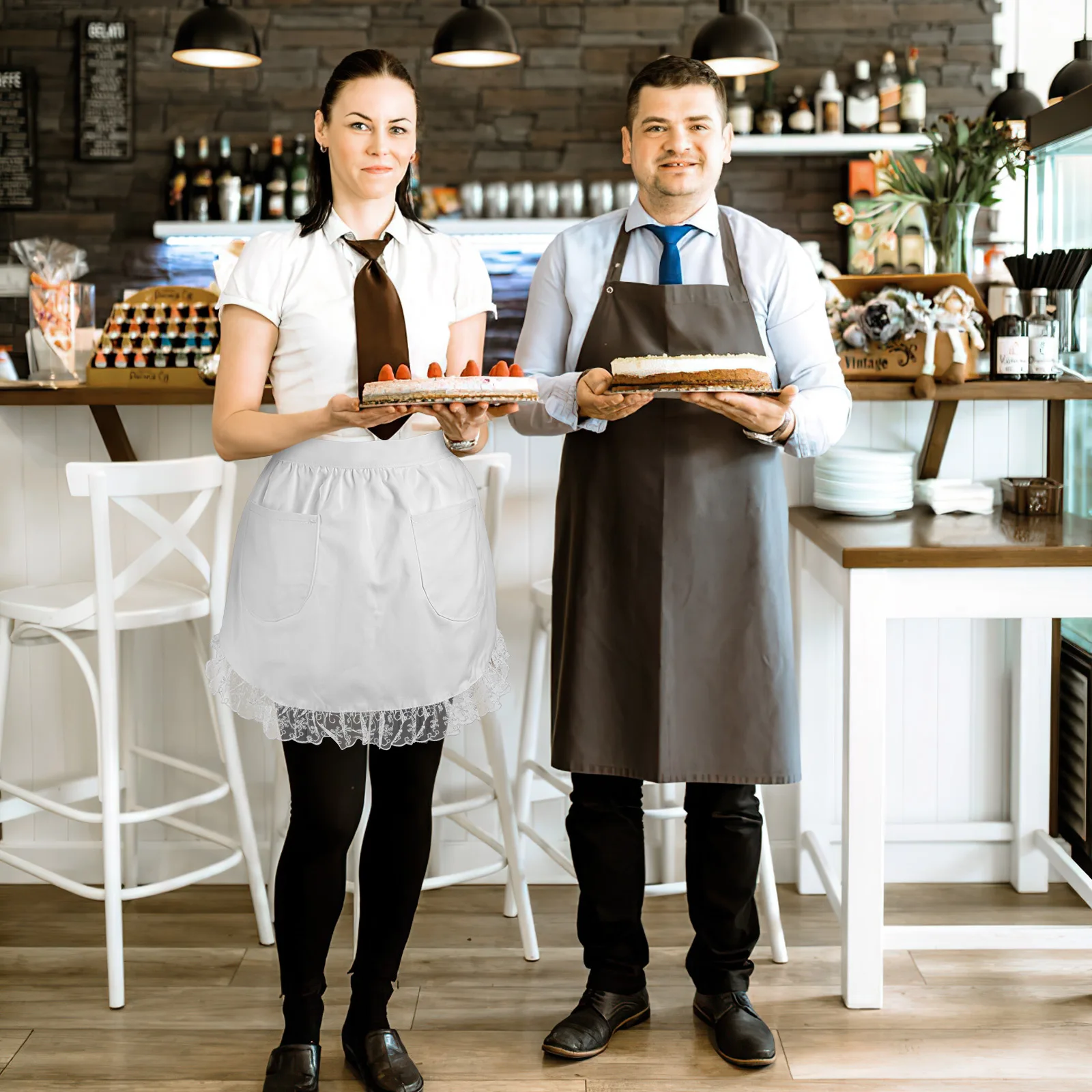 

Short Lace Apron For Women Cotton Waist Apron With Pockets Maid Waitress Uniform Kitchen Baking Cooking Use White