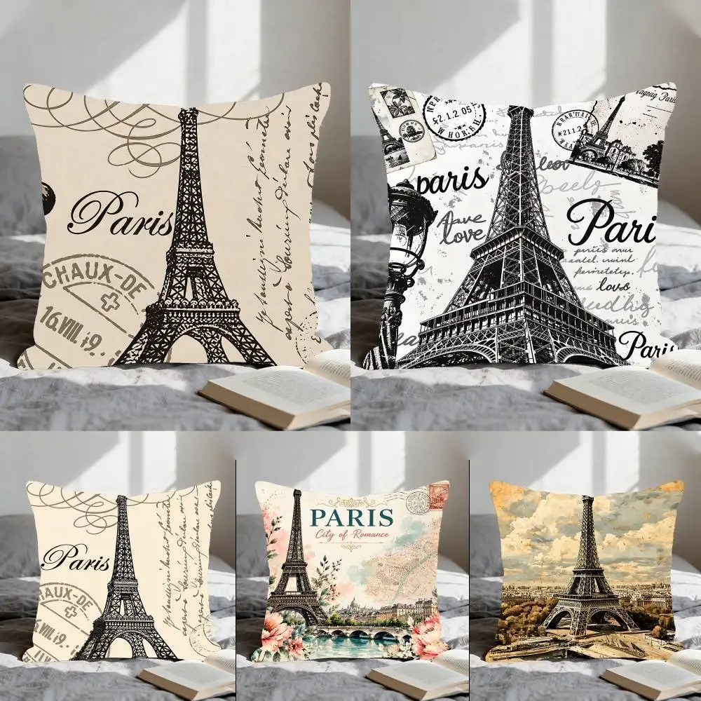Paris Eiffel Tower Square Vintage Pillow Case Elegant Couple Home Living Room Bedroom Decorative Rectangle  Sofa Cushion Cover