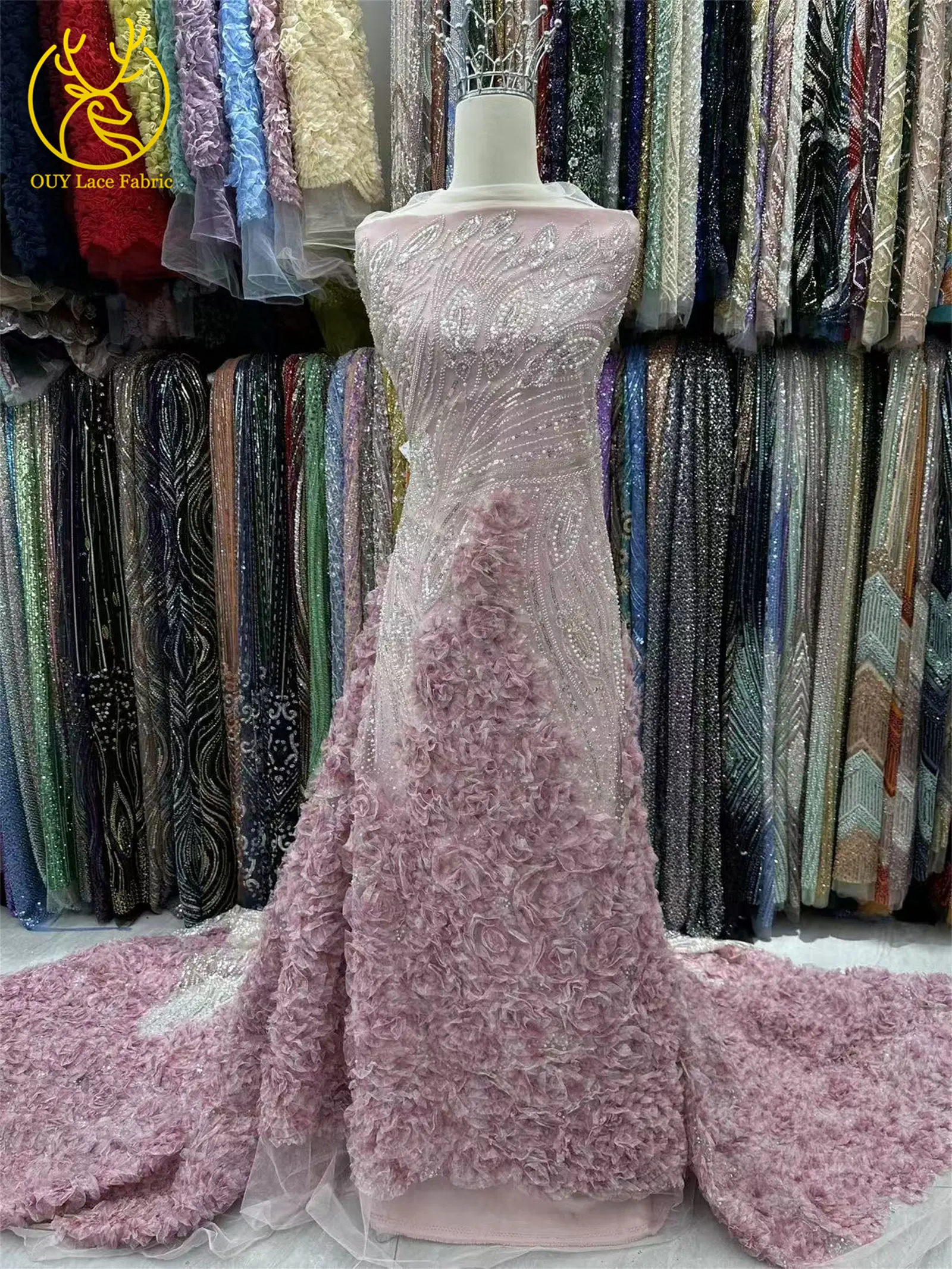 3D-grüner französischer Pailletten-Spitzenstoff mit Blumenmuster, 2026, hochwertiger afrikanischer Perlen-Spitzenstoff, ideal für Partykleider und Hochzeitskleider – Detail 12