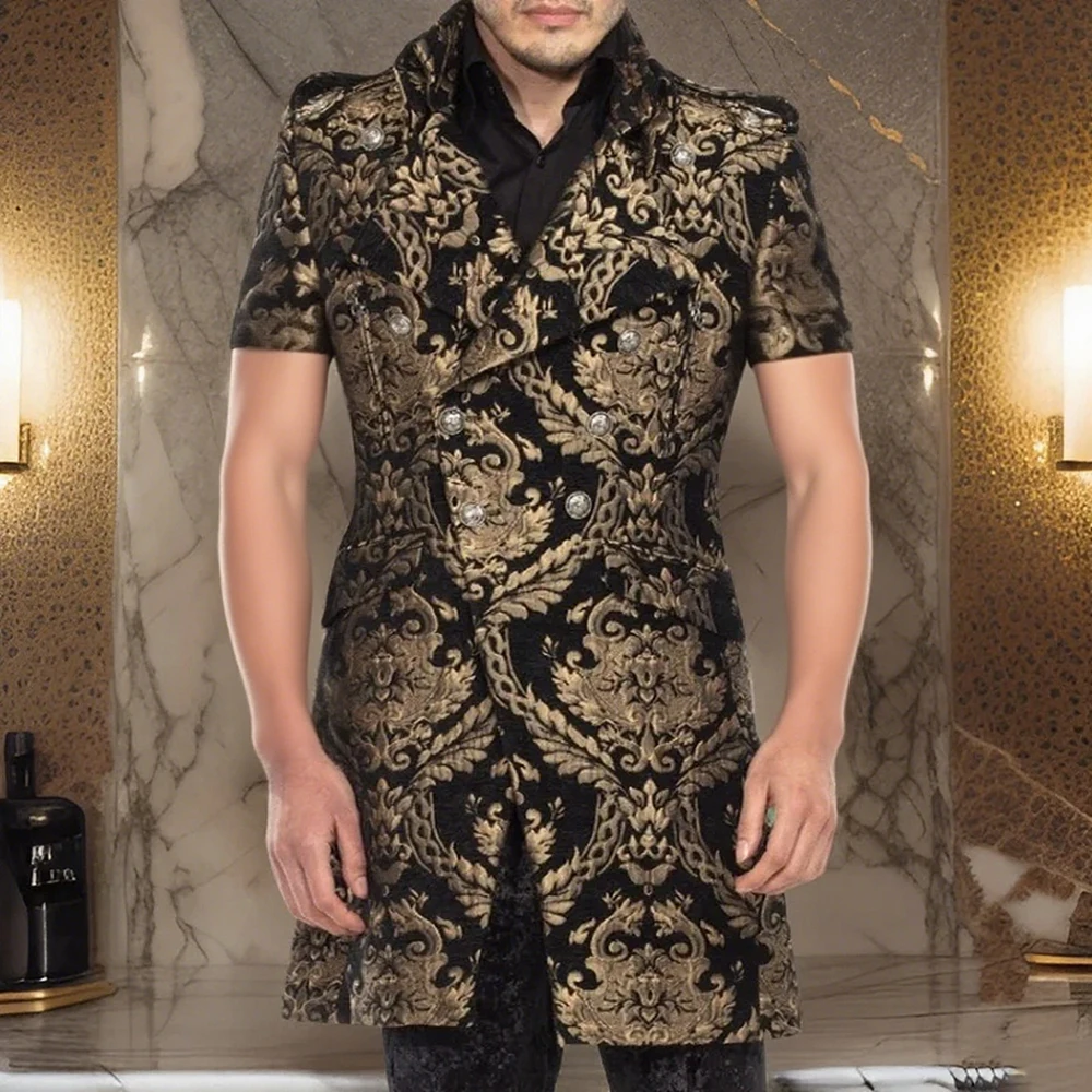 

Exquisite Jacquard Men's Clothing Short Sleeve Long Blazer Double Breasted Notch Lapel Customzied Coat Customzied Outfits