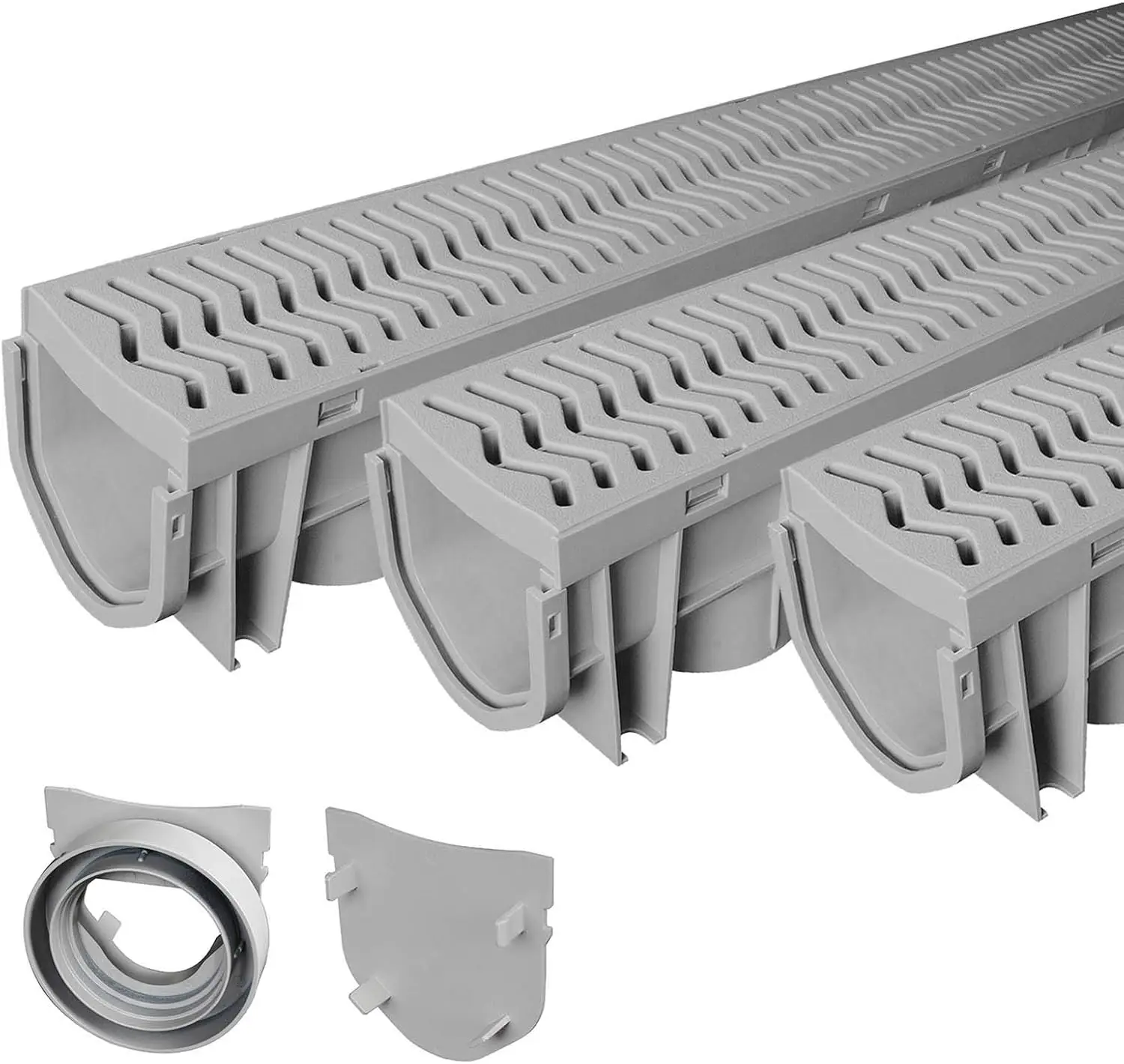 Drainage Trench and Driveway Channel Drain with Concrete Grey Grate, 3-Pack