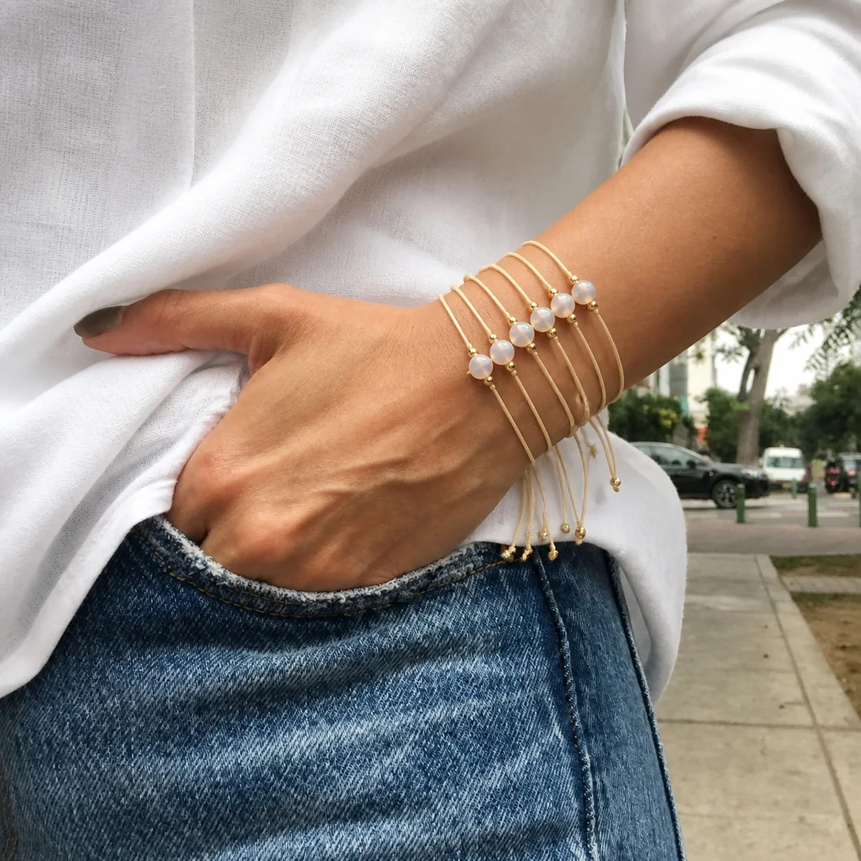 6pcs Women's Minimalist Round Simulated Pearl Copper Bead Lace-Up Strand Bracelet with Adjustable Drawstring Closure
