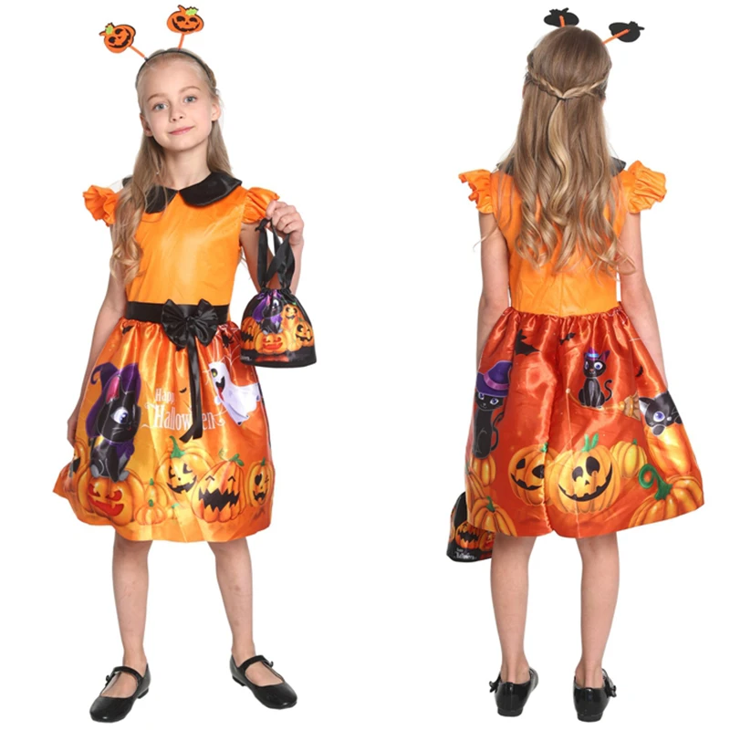 

Cute Orange Pumpkin Elf Children's COS Set Stage Performance Costume, Girls' Pumpkin Skirt Festival Role-playing Clothing