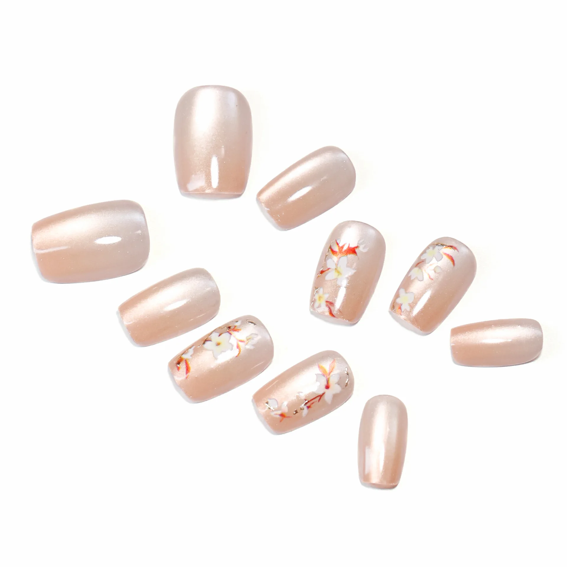 Накладные ногти ручной работы телесного цвета Короткие квадратные накладные ногти кошачий глаз Многоразовые Накладные ногти накладные ногти цветочный дизайн китайский стиль