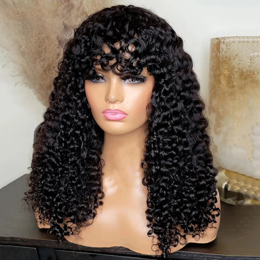 Natural Black 26 Inch Long Kinky Curly Honey Blonde Machine Wig With Bangs For Women High Temperature Cosplay Glueless Daily
