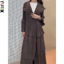 YUDX Miyake Pleated Spliced Ruffles Trench Coat Women Lapel Full Flare Sleeve Single Button Solid Color New 2023 Outwear Tops