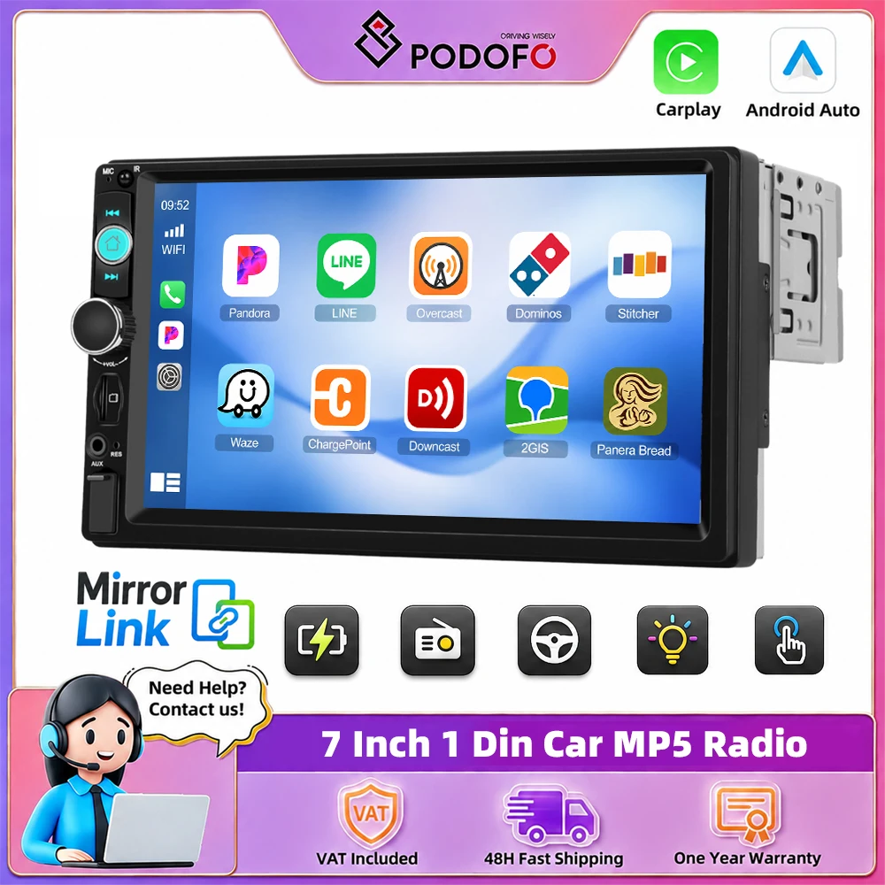 Podofo 1Din 7 Inch Car Radio Wireless Carplay Android Auto Smart Car Systems MirrorLink Car MP5 Stereo Player HD Touch Screen Multimedia Player BT FM Audio Stereo FM Support Rear View Camera