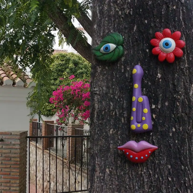 Tree Face Faces Colorful Funny Outdoor Creative Faces For Trees Whimsical Sculpture Sculpture Garden Peeker Unique