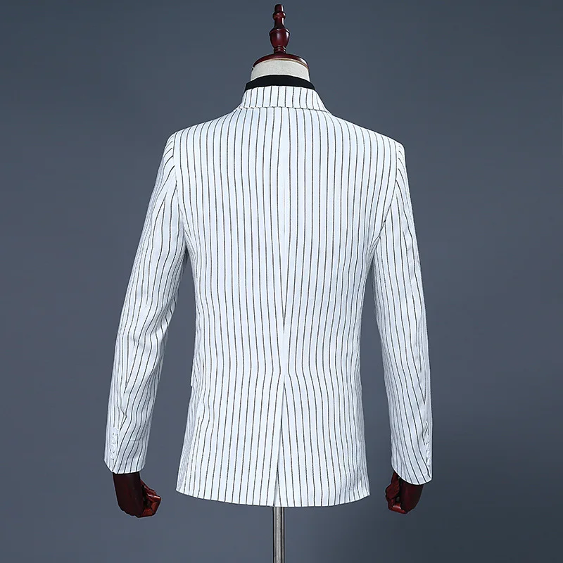 Men's Double-Breasted Navy Blue Suit Two-Piece Set with White Vertical Stripe Jacket Matching Same Color Pants Asian Size S-XXL