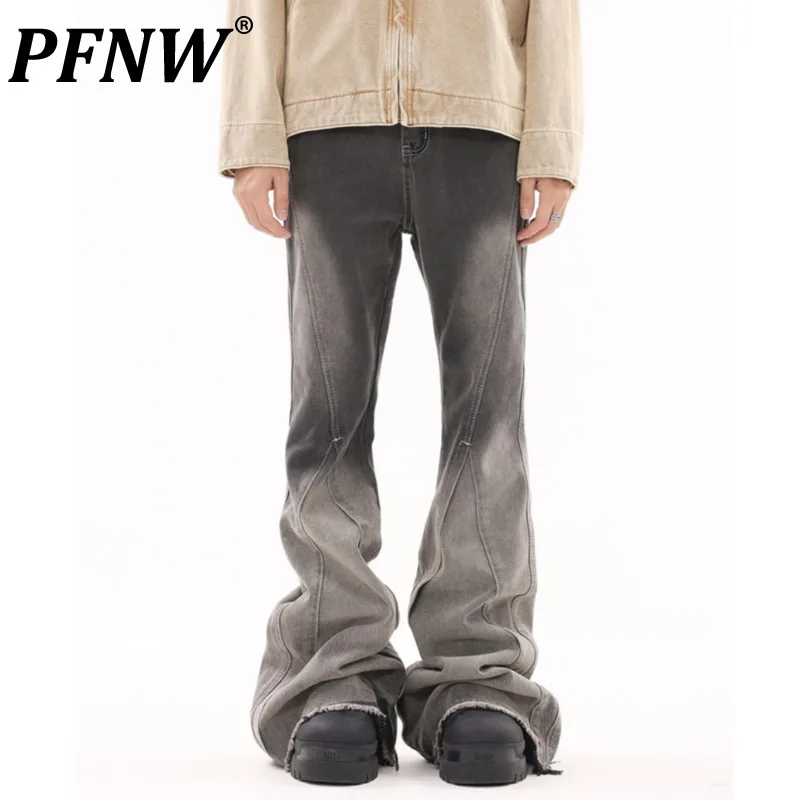 

PFNW Niche Rough Edges Boot Cut Jeans Men High Street Washed Worn-out Full Length American Pants Autumn Fashion Trousers 28W4392