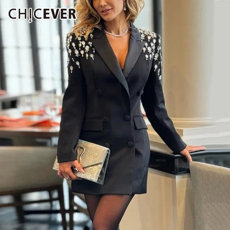 CHICEVER Chic Design Spliced Beading Blazer for Women Notched Long Sleeve Patchwork Double Breasted Temperament New Coats Female