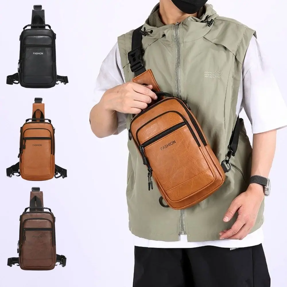 PU Leather Men's Chest Bag Multiple pockets Solid Color Sling Shoulder Bag Multifunctional Adjustable Strap Male Crossbody Bag