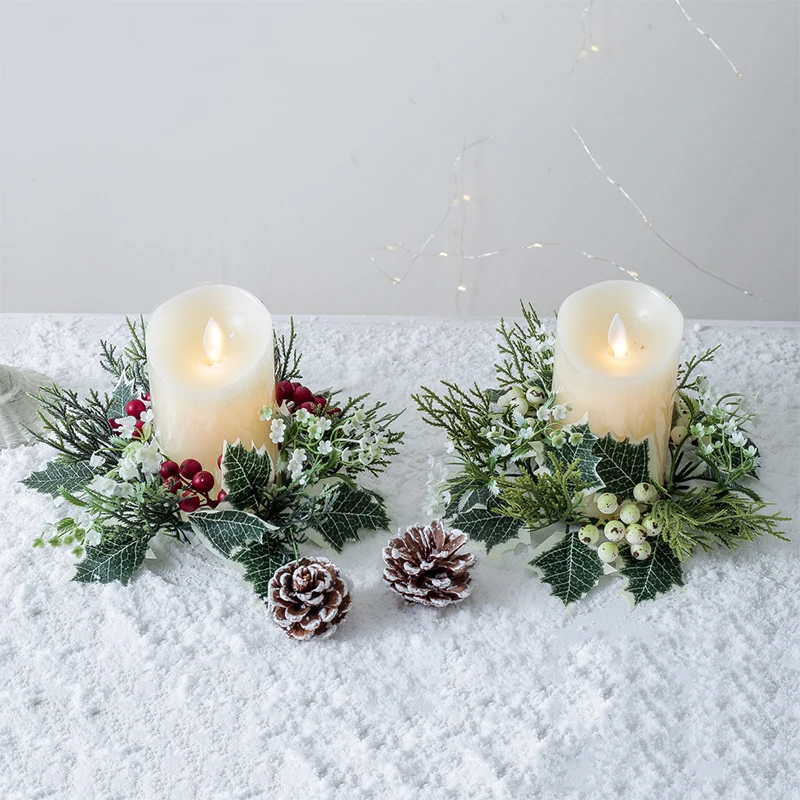 Christmas Candlestick Wreath Artificial Rose Peony Flowers Berry Garland  Candle Ring Wedding Christmas Party Dining Table Decor