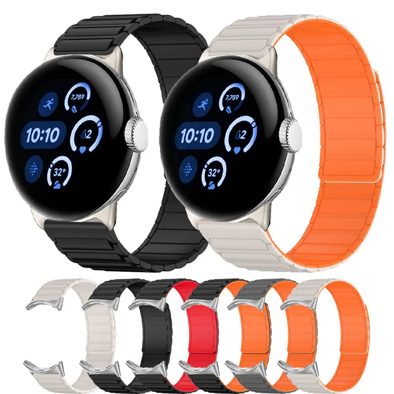 Silicone Magnetic Bracelet For Google Pixel Watch 5 4 45mm Metal Connector Strap For Google Pixel Watch 3 2 1 45mm Watchband