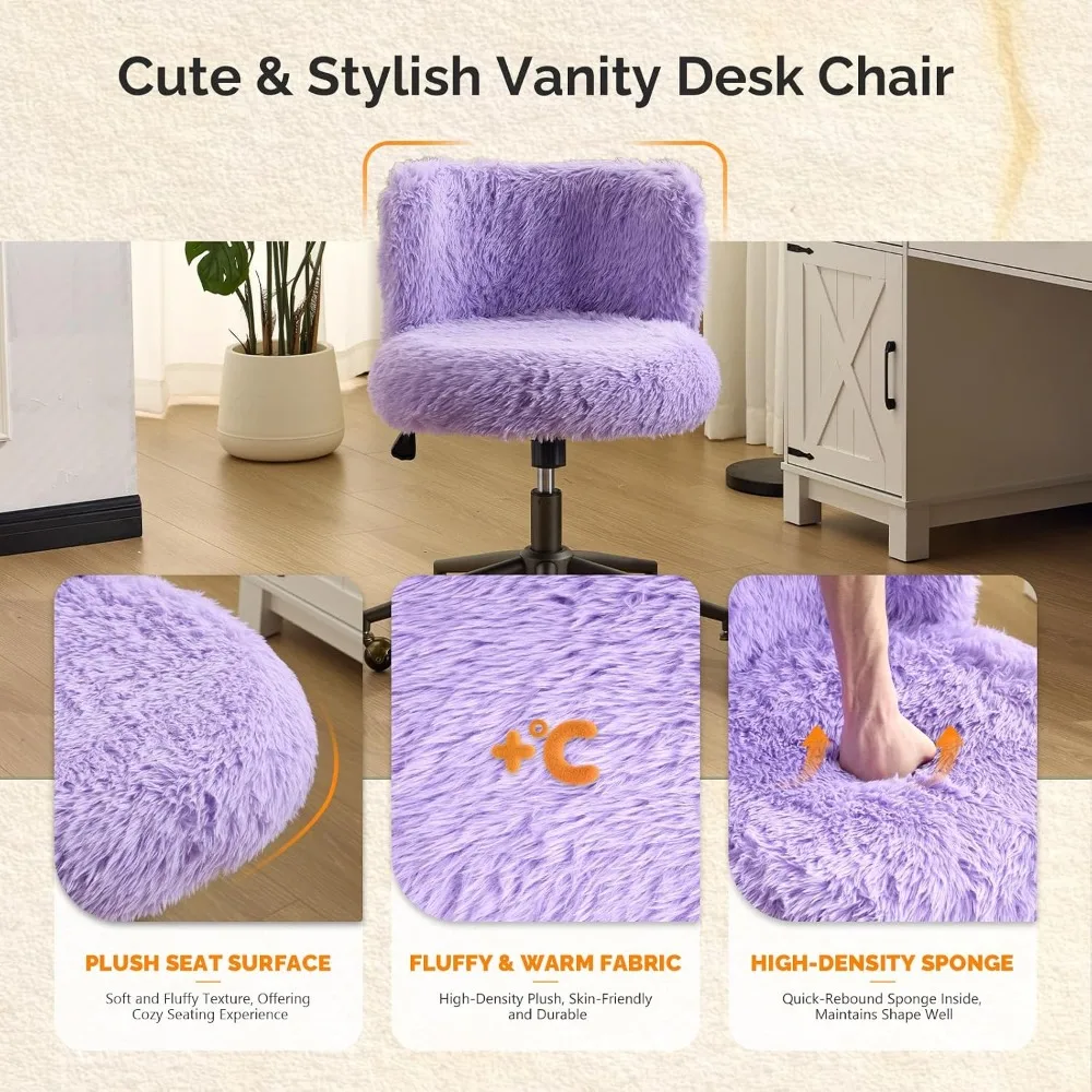 Plush Upholstery Vanity Desk Chair with Curved Back, Adjustable Height and Swivel Wheels for Makeup and Home Office, Purple view 4