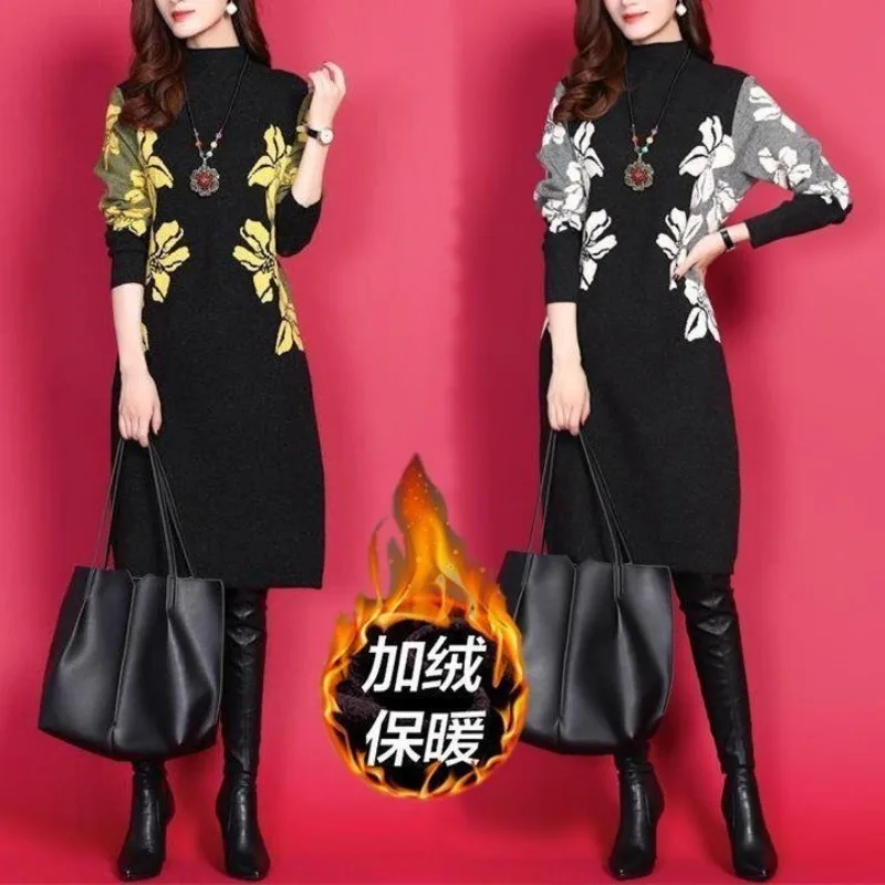 Autumn and Winter Women\'s Round Neck Long Sleeve Slim Pullover Plus Size Midi Underlay Printing Fashion Casual Office Lady Dress