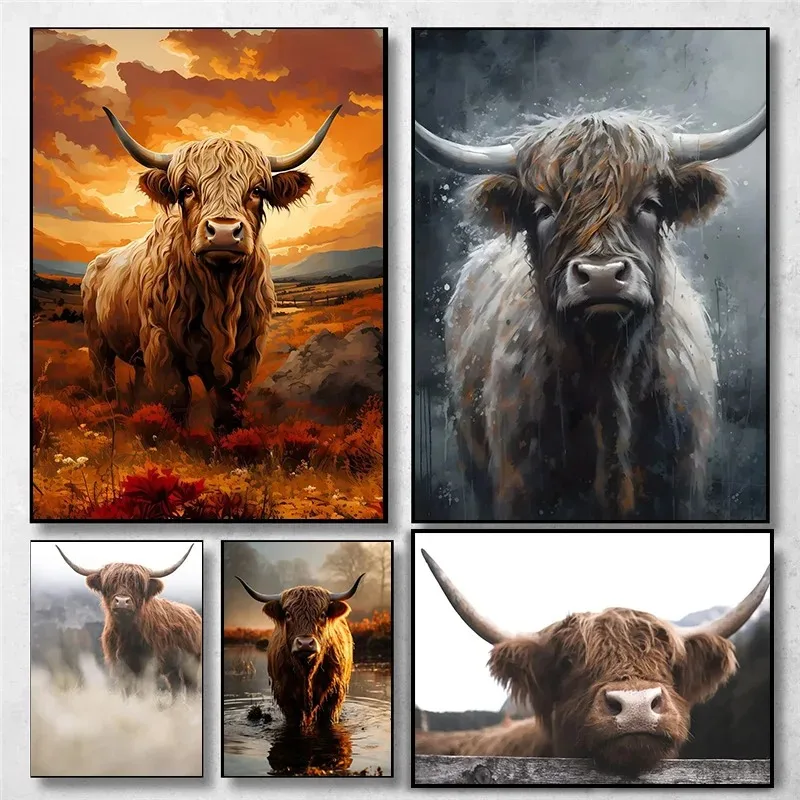 Vintage Scottish Highland Cow Animal Landscape Poster Print Canvas Painting Wall Art Picture Living Room Home Bedroom Decor