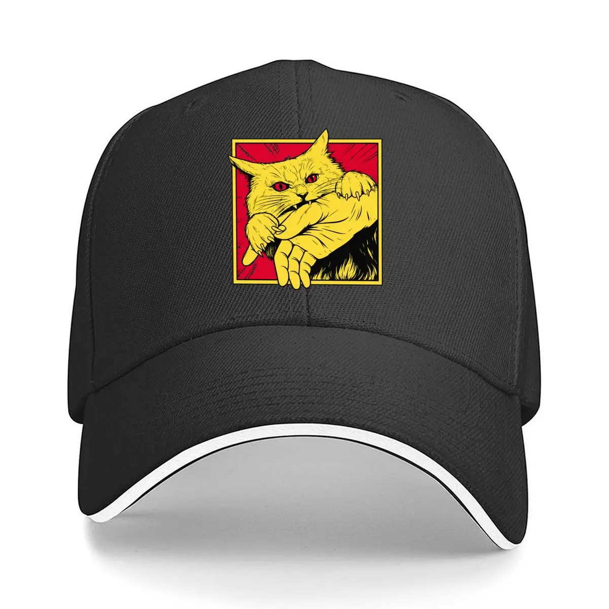Angry Yellow Cat Biting Hand Funny Meme Illustration Sandwich Baseball Cap Women Unisex Male