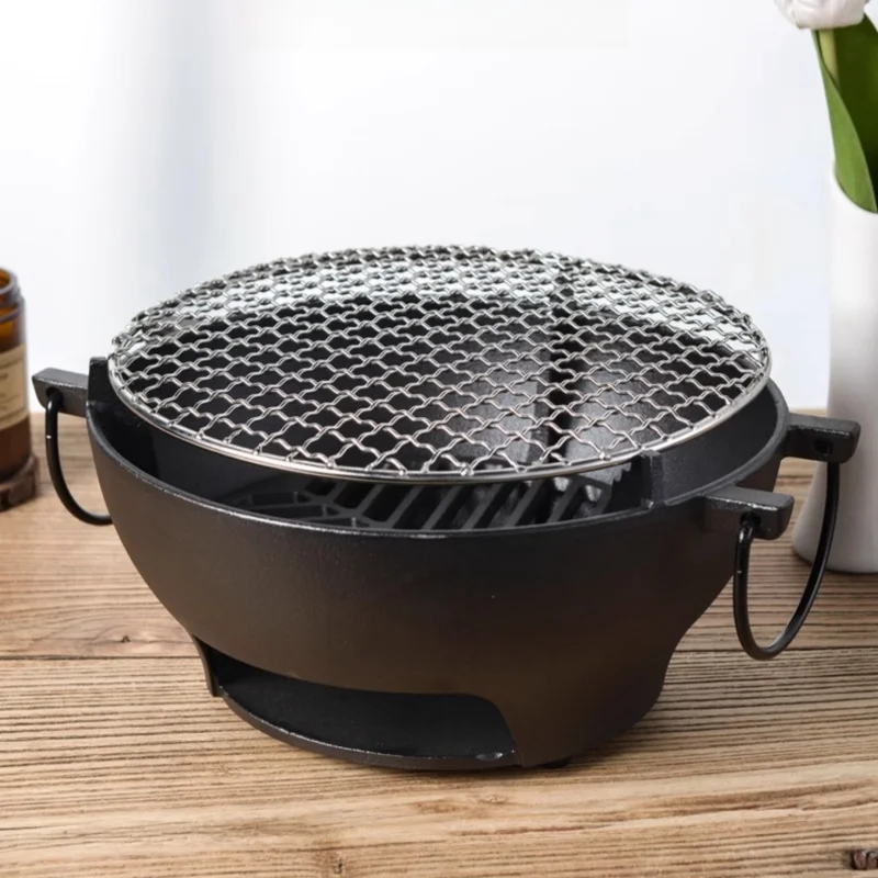 

Cast Iron Grill Round Small Portable Korean Style Charcoal Barbecue Grill for Outdoor Tabletop Camping BBQ Make Tea