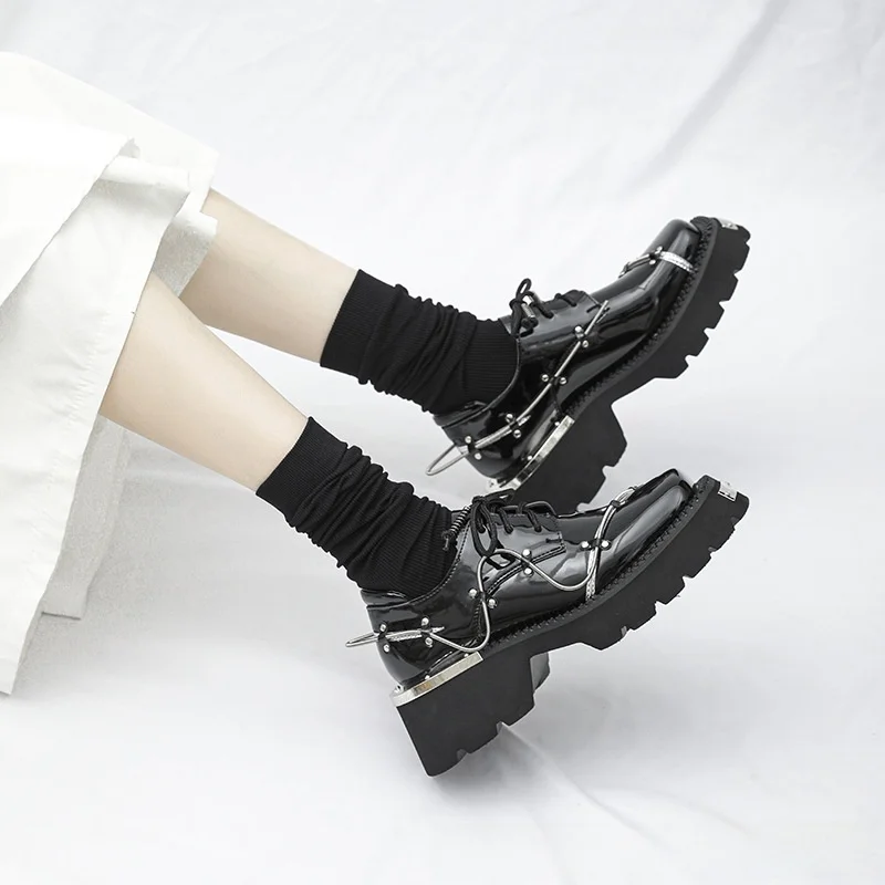 

Trendy Spring Decorated Thick Bottom Leather Shoes Women's Genuine Leather British Style Square Head Shoes Black System...