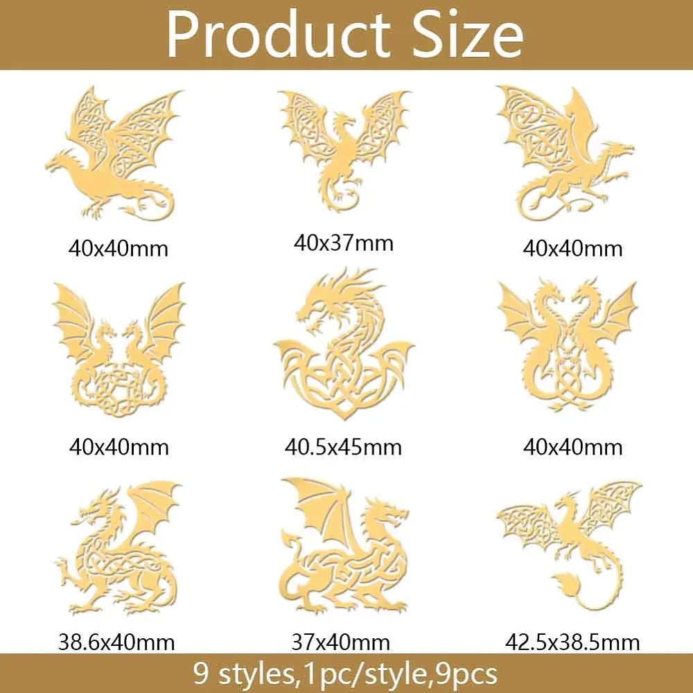 9Pcs 1.6x1.6 Inch Golden Metal Stickers Celtic Knot Dragon Self-Adhesive Decorative Decals Adhesive Picture Stickers Metal Decal