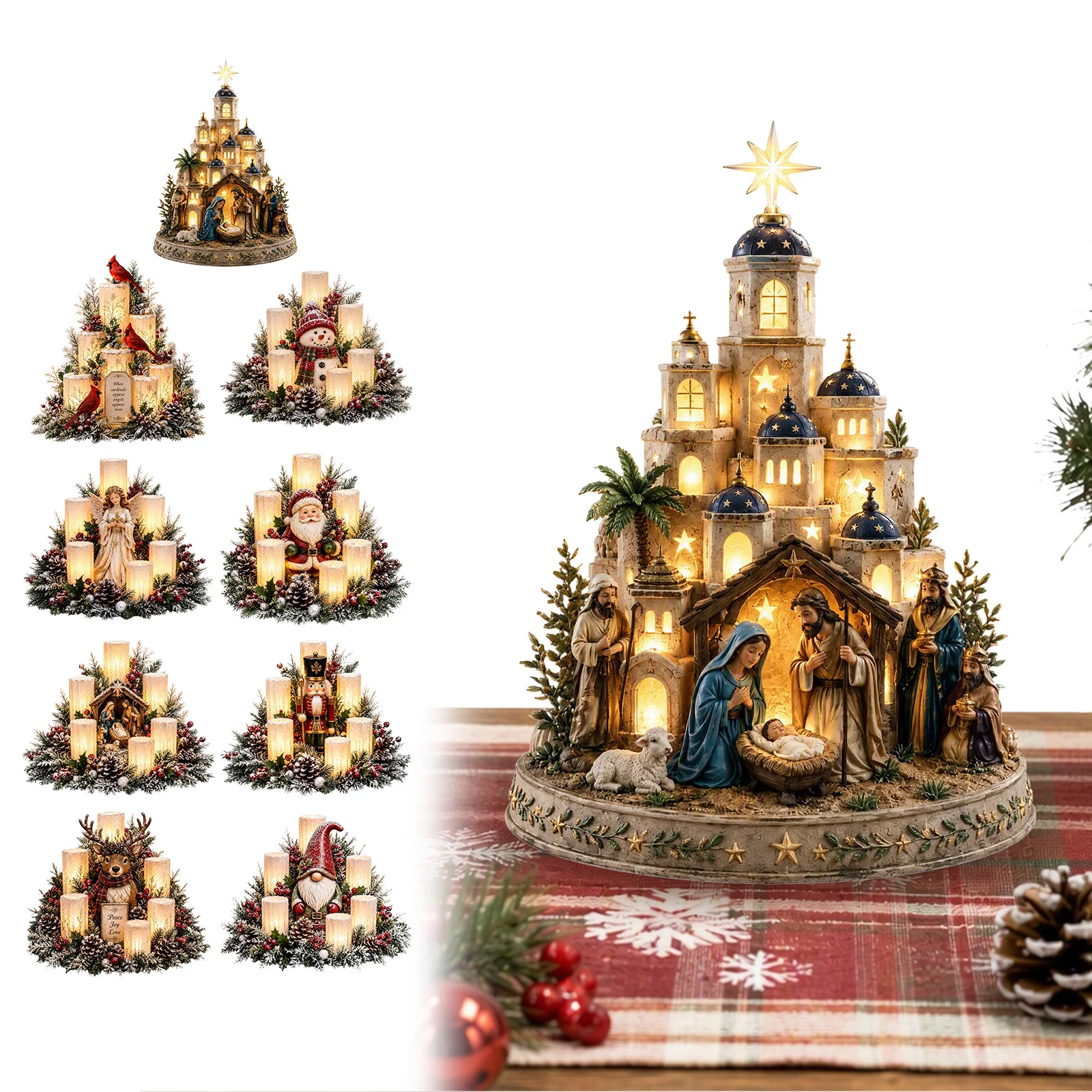 Christmas Lighted Resin Tree Village Centerpiece Warm Golden LED Glow 360° Scenic Festive Decor