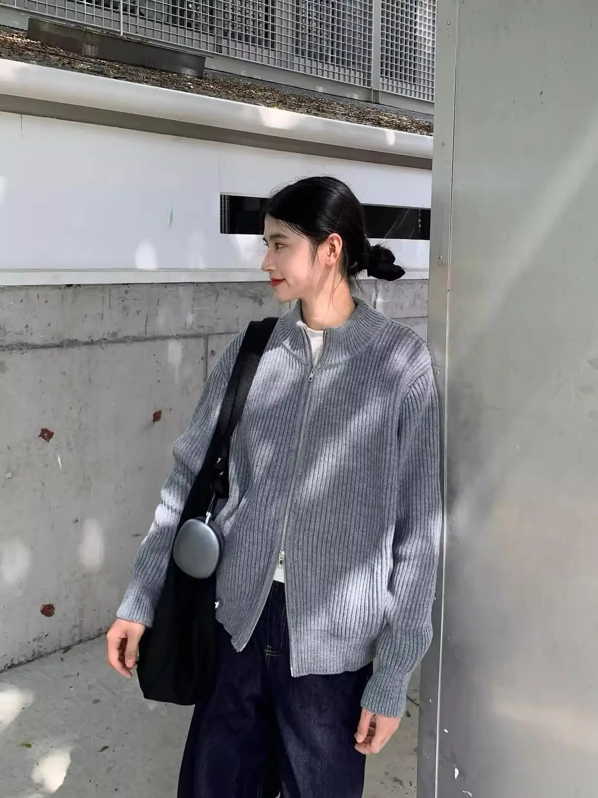 

Retro Japanese Sle Knitted Sweater Coat with Double Zipper Casual Stand Collar ex Spring Autumn Simple Leisure All-Match