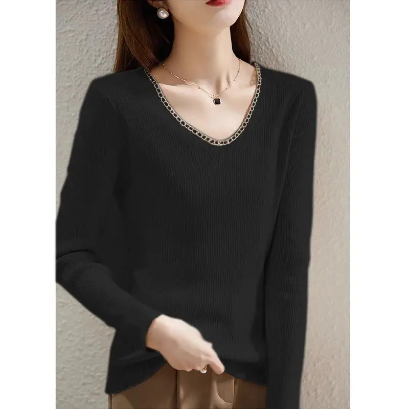 Women\'s Clothing Spring Autumn Solid Color Pullover Long Sleeve Round Neck Screw Thread Sweater Knitted Casual Fashion Tops