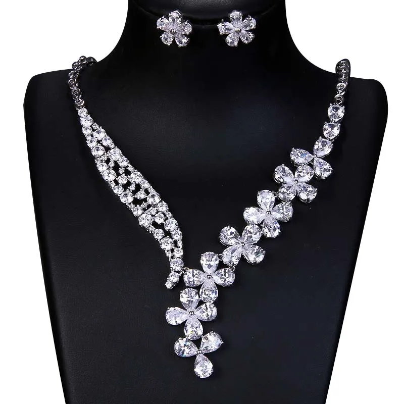 

wedding bride jewelry sets necklace earrings white zircon flower jewelry dinner party women anniversary gift