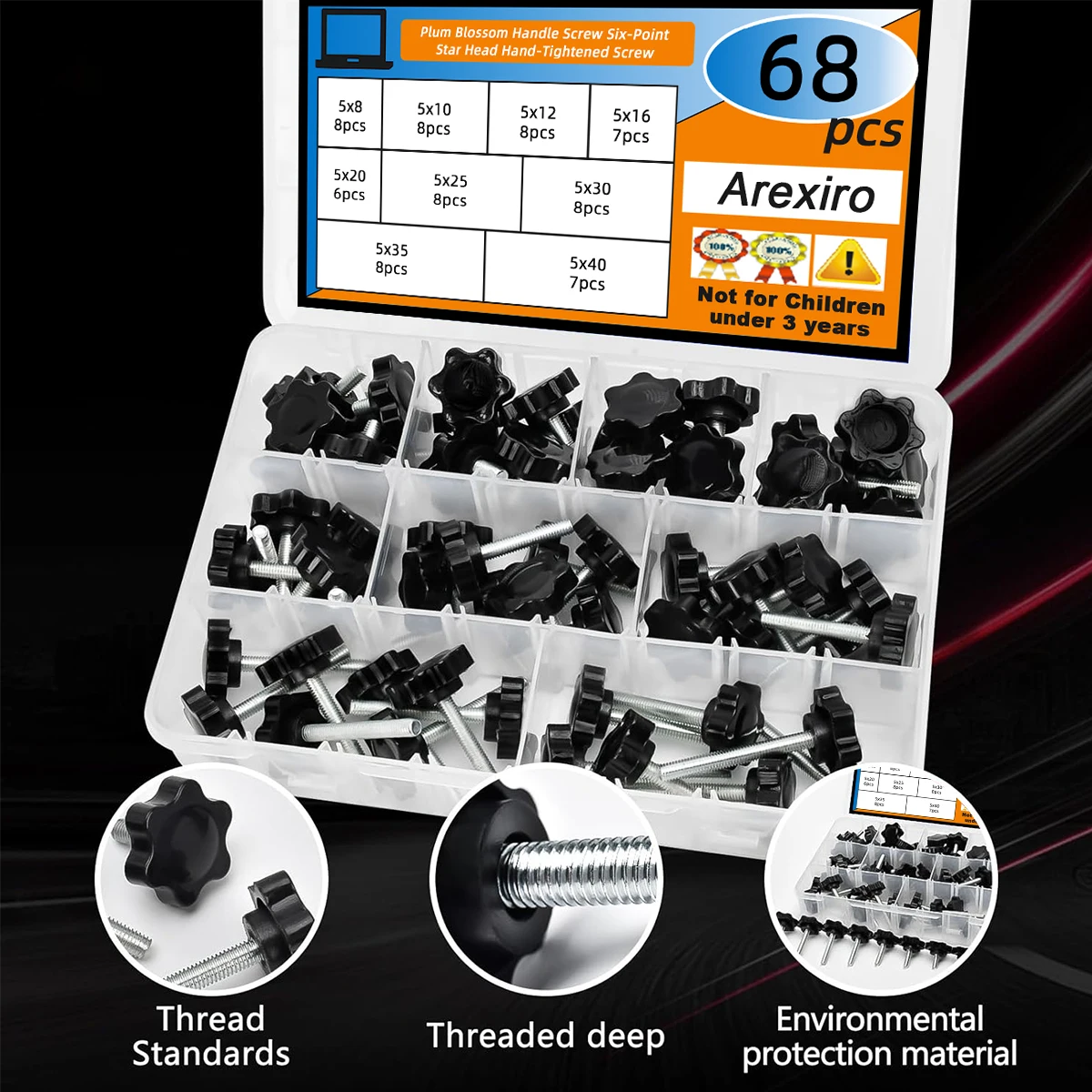 68 個 M5x8/10/12/16/20/25/40 ミリメートル炭素鋼黒プラスチック星頭ネジ固定ネジメトリックハンドルネジボルトファスナー