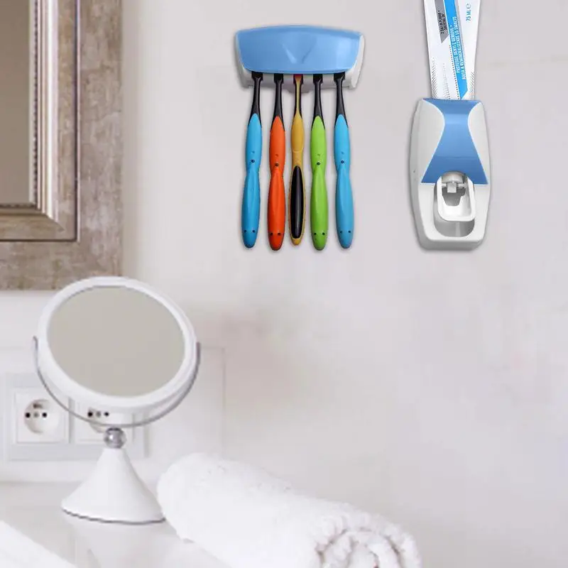 Toothpaste Dispenser 5 Slot Toothbrush Holder Set Automatic Toothpaste Dispenser Wall Mounted Bathroom Shelves Bath Accessories