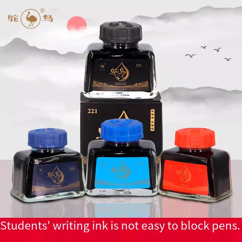 Ostrich 2-Series Fountain Pen Ink, 48ml - Non-clogging Carbon-Free in 4 Colors (Black/Blue/Blue-Black/Red)