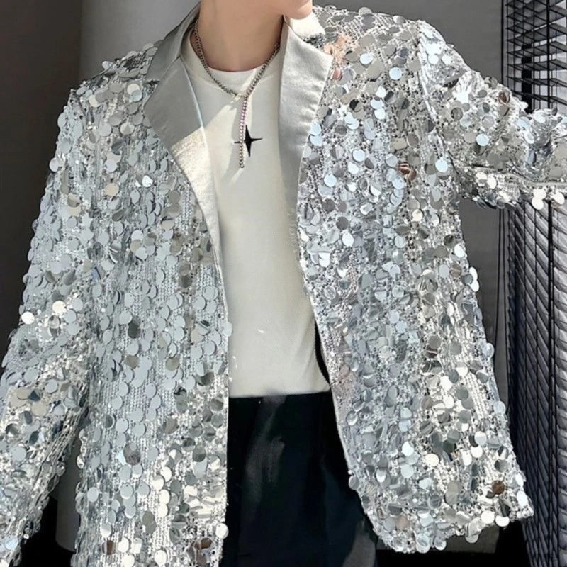 Korean Men\'s jacket Sequins Blazer Glitters Bling Suit Jackets Singer Stage Shiny Clothing Silver Oversize Party Suit Coat Man