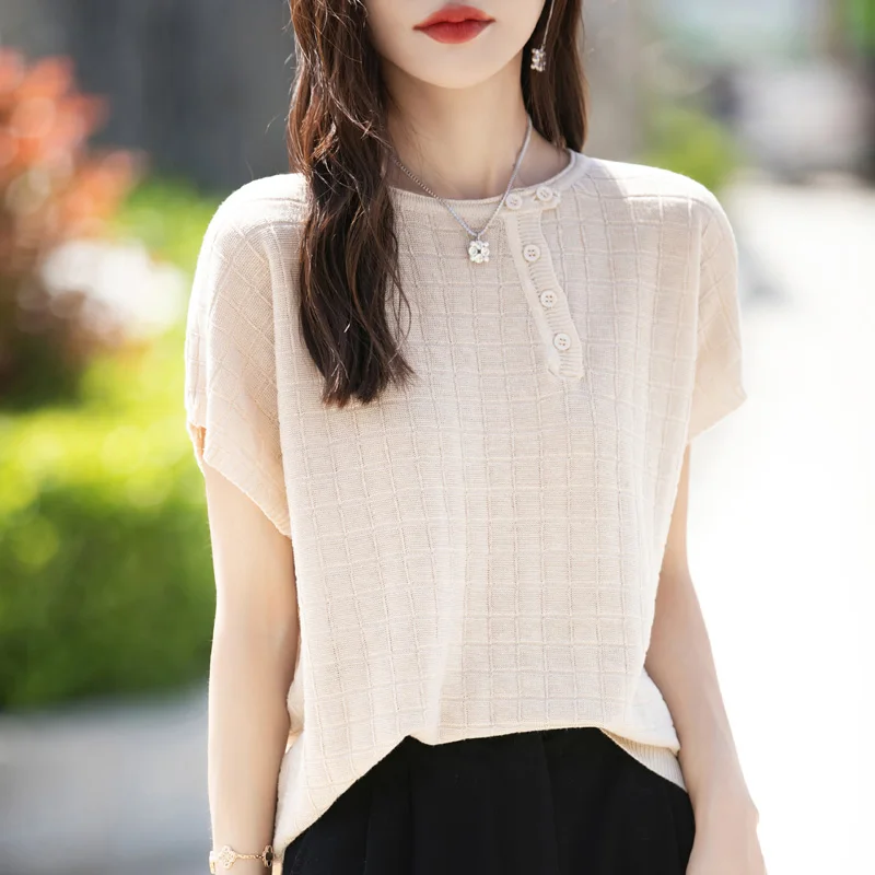 Women's T-shirt Summer 100% Cotton Sweater Short Sleeve Casual Knitwear Round Neck Ladies' Tops Loose Pullover Tees Buttons